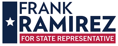 Frank for Texas Logo: Lone star to the left of the text 'Frank Ramirez' in bold over a red banner 'For State Representative'